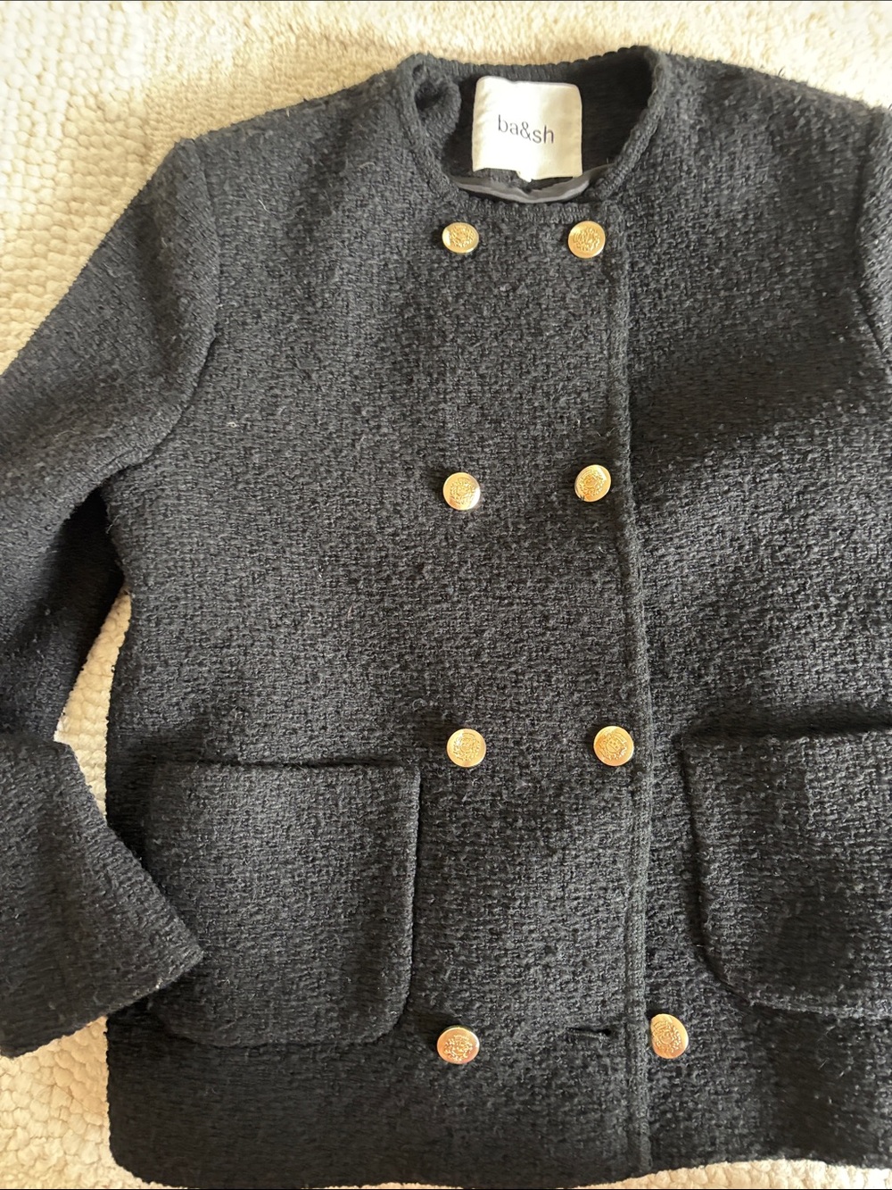 ba&sh Black Bouclé Double-Breasted Jacket with Gold Buttons Size 3 = L